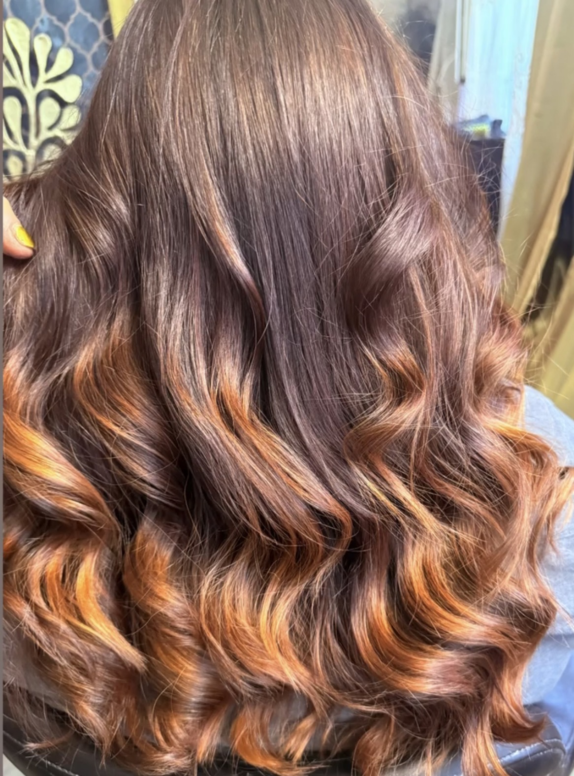 Warm copper and chocolate balayage result at SAHAA Hair Room Southsea Portsmouth